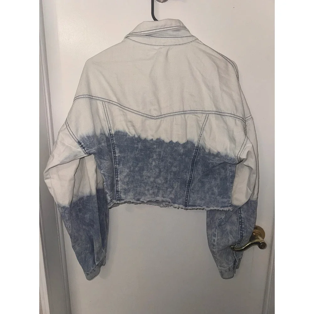 INC International Concepts Two ToneDip Dye Cropped Denim Jacket Blue White Small